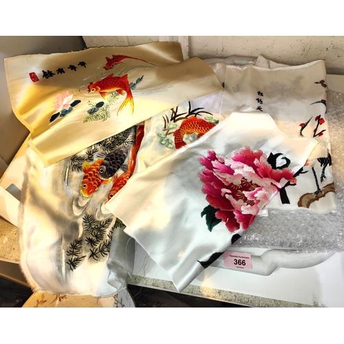 366 - Six various Chinese silk pictures of Koi carp, Cranes, flowers, chrysanthemums etcThe sizes are: 4: ... 