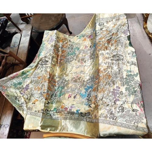 389A - A large Chinese silk effect shawl, gold ground decorated with children playing etc.. 160 x 140cm