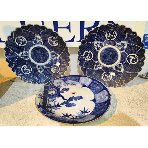 418 - A Japanese blue and white plaque with blossom decoration, diameter 31cm, two similar Japanese plaque... 