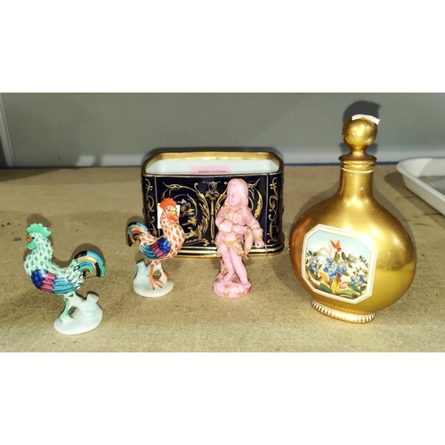 509 - Two Herend cockerels, a Coalport gilt and hand painted bottle, a miniature pink figure and a blue an... 