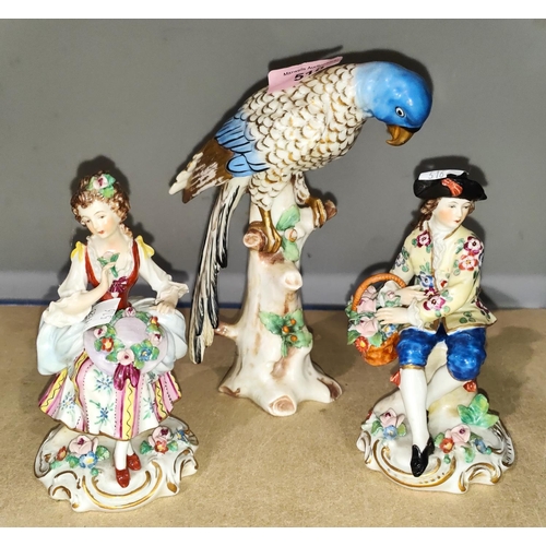 516 - A late 19th / early 20th century porcelain parakeet in the Chelsea manner with gold anchor mark to r... 