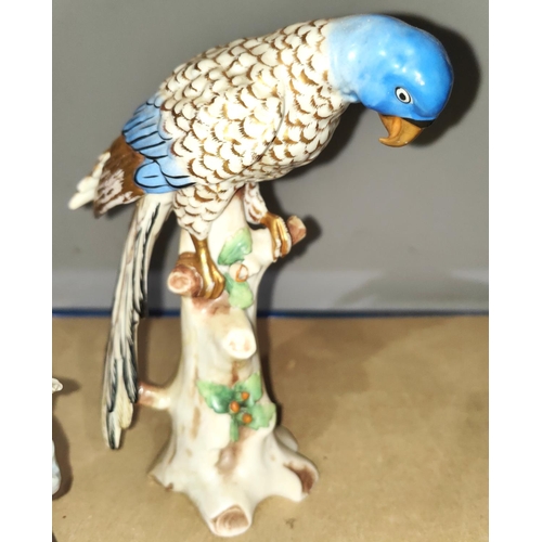 516 - A late 19th / early 20th century porcelain parakeet in the Chelsea manner with gold anchor mark to r... 