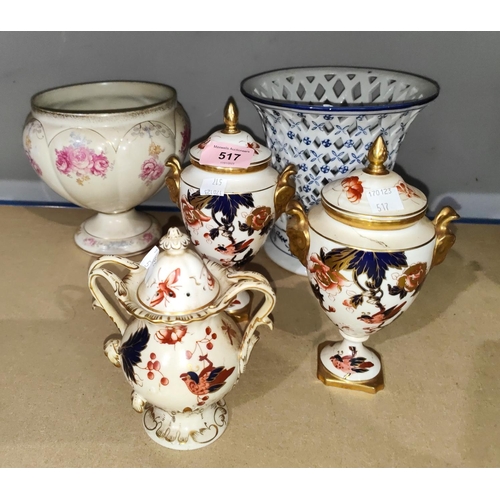 517 - Three Coalport covered vases and other similar china including Royal Crown Derby style ewer