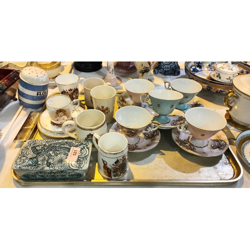 521 - A continental set of porcelain cabinet cups and saucers; a rare Elizabeth 1926 trio; a flour shaker;... 