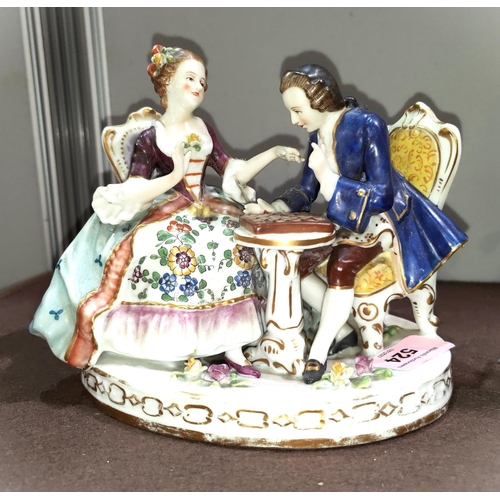 524 - A porcelain group of lady and gentleman in 18th century dress playing chess, in the Chelsea manner w... 