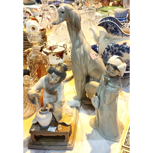 527 - A Lladro figure of a dog, height 30cm; a Lladro figure of a Japanese girl flower arranging (flowers ... 