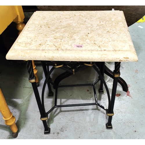 1010 - An occasional table with heavy marble top on gilt and japanned metal base