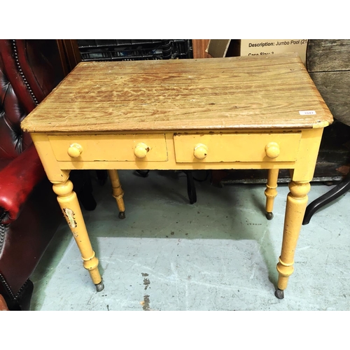 1047 - A Victorian pine painted kitchen side table with two drawers and turned tapering legs