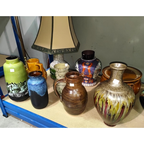 535C - A selection of studio style pottery Eastern European stoneware vases a 1970's lamp etc