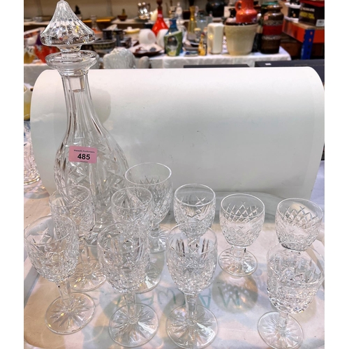 485 - A Waterford Glengarriff pattern cut crystal decanter and 6 sherry glasses; 4 other assorted glasses