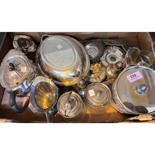 603 - A quantity of silver plate:  biscuit barrel; tea set; etc.