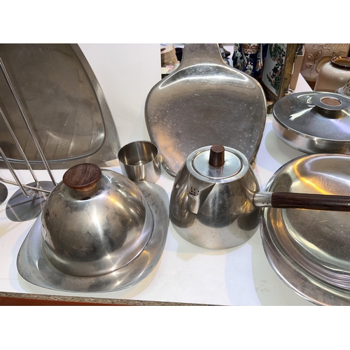 787 - A selection of 1960's Scandinavian stainless steel:  two 4-branch candelabra; etc.