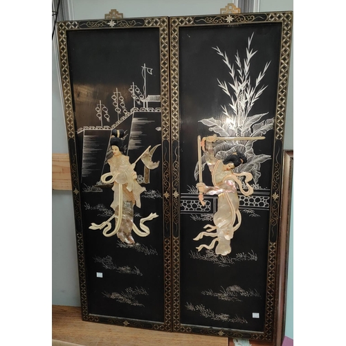 455A - A pair of Chinese mother of pearl panels of women with weapons, height 1cm and a print of birds, fra... 