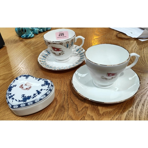 557 - Two White Star Liners cups and saucers and a similar lidded trinket box