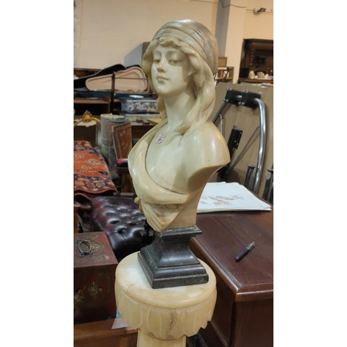 851 - Cipriano Cipriani:  19th century marble bust of a young woman in hat and off-the-shoulder dress, on ... 