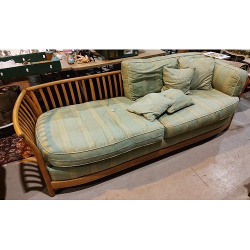 907 - A modern Ercol light elm 3 seater settee in green stripe fabric