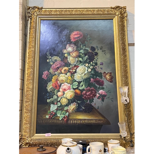 833 - Mielof: large oil on board, still life of flowers in vase, signed, 89 x 59 cm, in antique style gilt... 