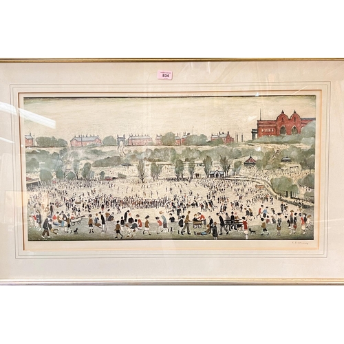 834 - Laurence Stephen Lowry:  Peel Park, artist signed print, with blind stamp, 40 x 78cm, framed and gla... 