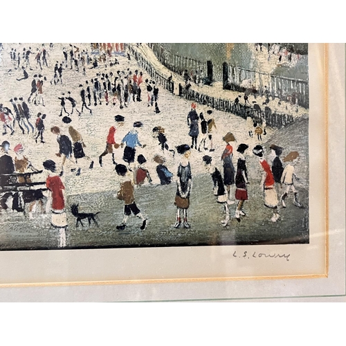 834 - Laurence Stephen Lowry:  Peel Park, artist signed print, with blind stamp, 40 x 78cm, framed and gla... 