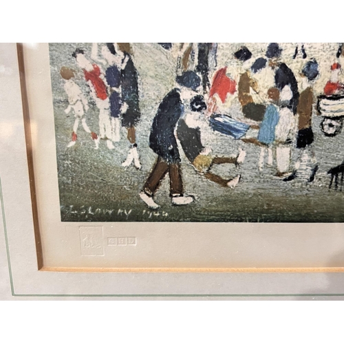 834 - Laurence Stephen Lowry:  Peel Park, artist signed print, with blind stamp, 40 x 78cm, framed and gla... 