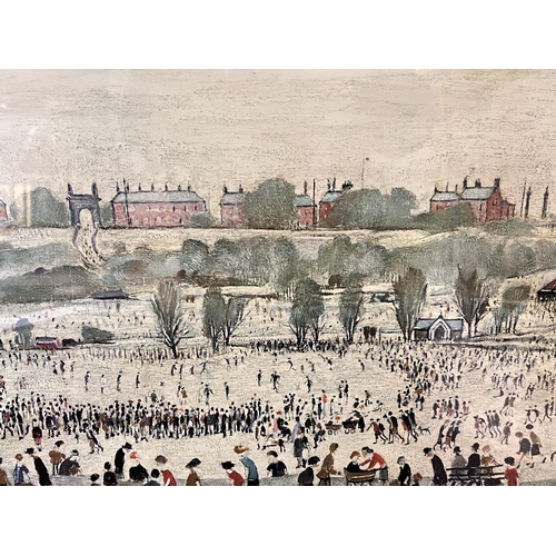 834 - Laurence Stephen Lowry:  Peel Park, artist signed print, with blind stamp, 40 x 78cm, framed and gla... 