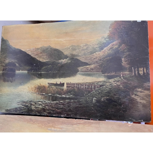 835A - R Stanley, Mountainous lake landscape with figures in a boat, oil on card, signed, 55 x 88cmunframed... 