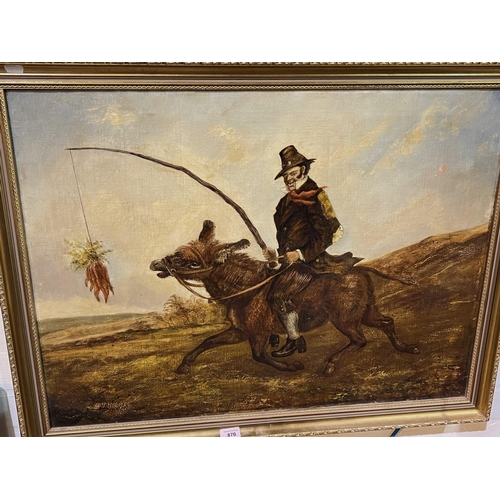 870 - G.H. Holmes, Irishman riding a donkey and tempting it with carrots on a stick, oil on canvas signed ... 