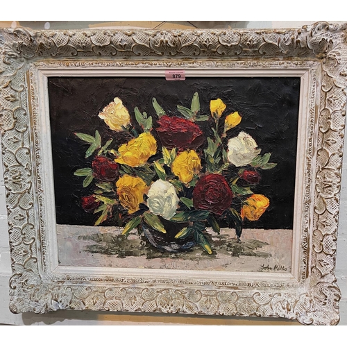 879 - John Fitzmaurice Mills:  still life, roses in a bowl, oil on canvas, signed, 40 x 50cm, framed