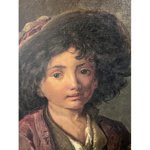 882 - Lillie Brier:  19th century 3/4 length portrait, peasant boy in feathered hat with basket and g... 