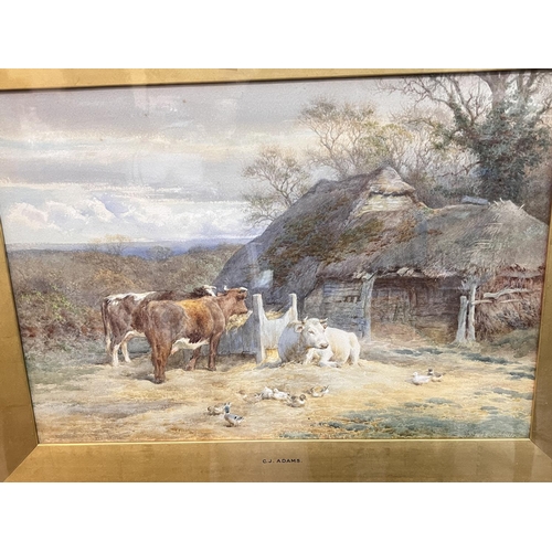 883 - C J Adams:  Cattle by a thatched cottage & A country lane, pair of watercolours, signed, at... 