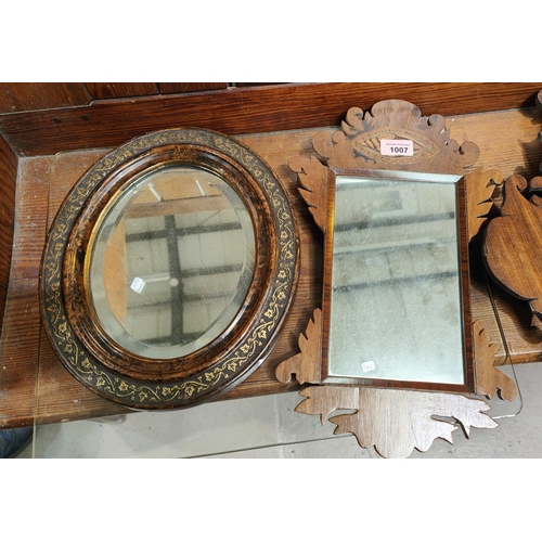 1007 - A small inlaid Sheraton Chippendale style wall mirror, a similar larger mahogany Chippendale style w... 