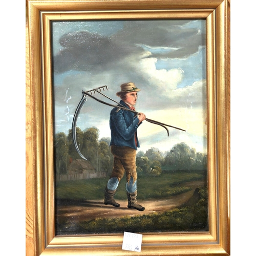 843A - Early 19th century school, Man on country Path with Scythe & Rake, oil on board, unsigned 22 x 1... 