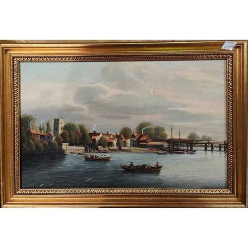 843B - 19th century school, River Landscape with rowing boats, bridge and church, oil on canvas, unsigned, ... 