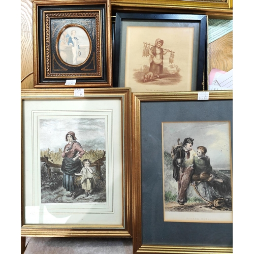 845A - Three 19th century prints of children; a miniature print of a young sailor, all framed and glazed.