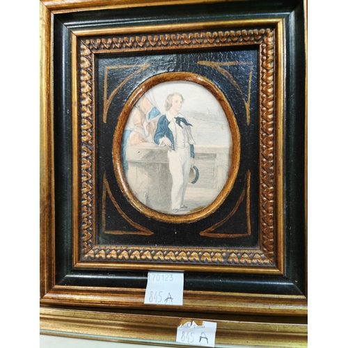 845A - Three 19th century prints of children; a miniature print of a young sailor, all framed and glazed.