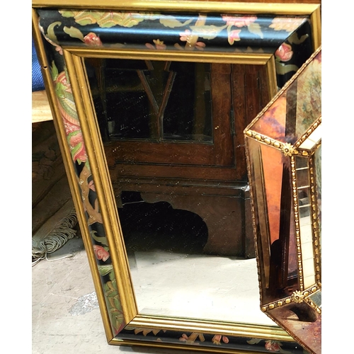 916 - An octagonal wall mirror in antique effect mirrored frame; a rectangular wall mirror in floral frame