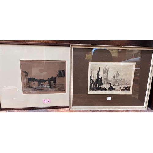 783 - Wm Strang:  Street scene, artist signed etching, 15 x 20cm, framed; Ernest Hampshire:  Hou... 