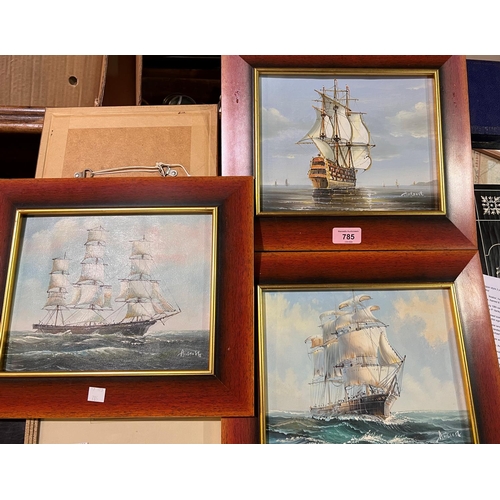 785 - Ambrose:  3 seascapes with 3-masted Man o'Wars, oils on canvas, signed, 20 x 25, framed