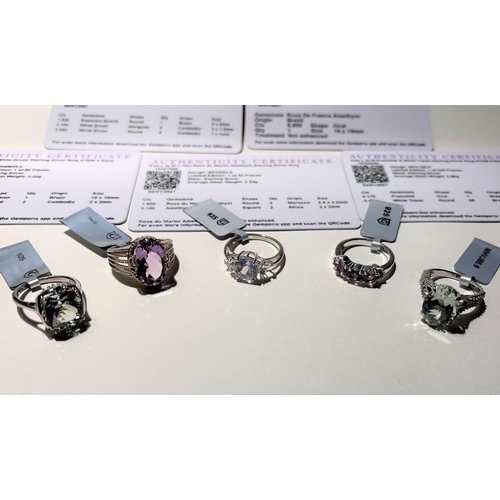 792 - 5 fancy hallmarked silver dress rings to include quartz and white zircon; 2 x Rose amethyst; 2 x Pra... 