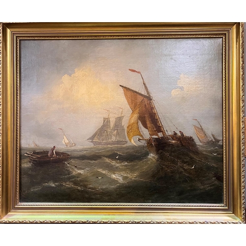 873 - 19t Century British:  Fishing and rowing boats in choppy seas, oil on canvas, unsigned, 44 x 55... 