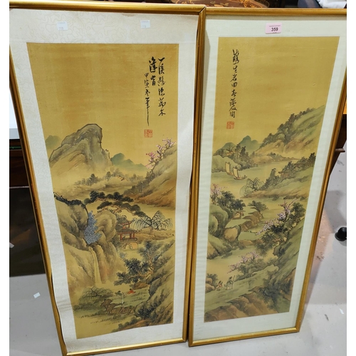 359 - A pair of Chinese scroll painting, landscape scenes with figures, 91 x 30cm, framed