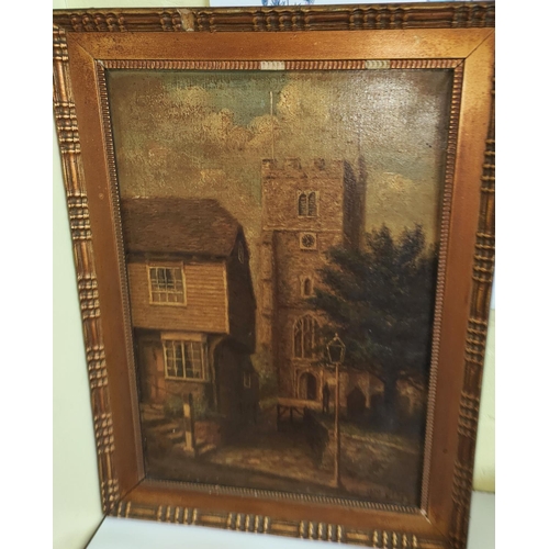 842 - An early 20th century oil on canvas of Kent Church monogrammed JM 1919 in gilt frame