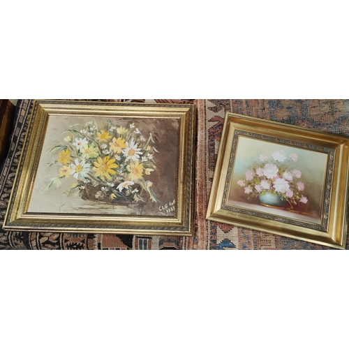 842A - C. H. Hall: still life Yellow flowers on board in gilt frame; Robert Cot smaller oil on board still ... 