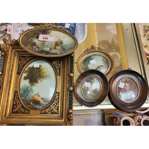 848 - Two oval miniature oils, landscape scenes, in ormolu frames and 3 other similar miniatures