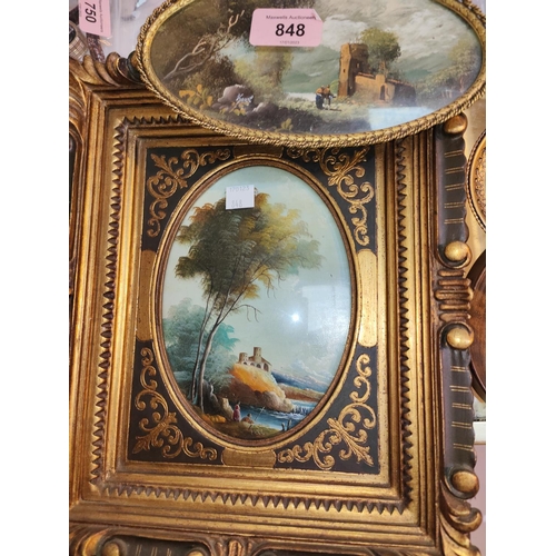 848 - Two oval miniature oils, landscape scenes, in ormolu frames and 3 other similar miniatures