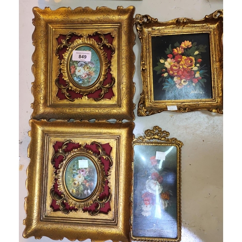 849 - 20th Century, 2 miniatures of flowers, signed indistinctly, 8 x 16cm, in ornate gilt frames and 2 ot... 