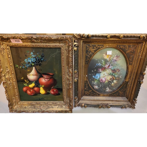 858 - I. Langella, Still life of fruit and vases, oil on canvas, signed, 25 x 19cm, framed; 20th Century o... 