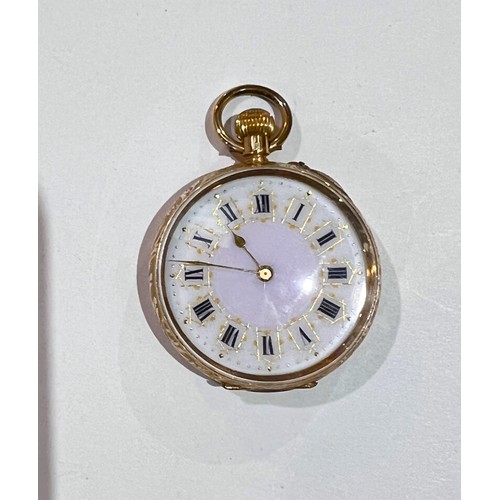 752G - A 14ct gold open face lady's fob watch white and gilt dial Roman numerals