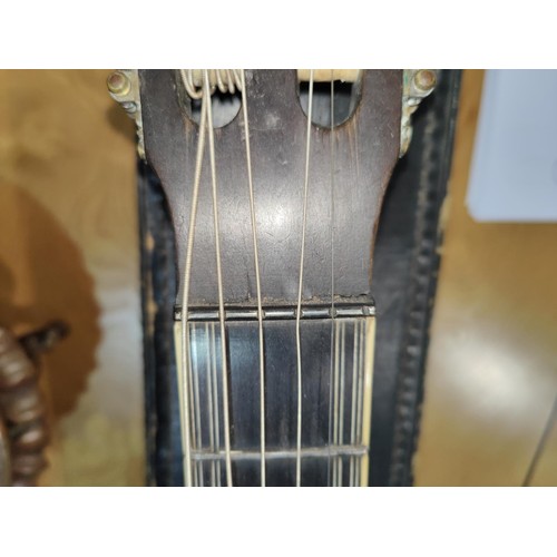 341 - A 19th century Rene Lacote style small bodied French guitar with ivory and mother of pearl inlay to ... 