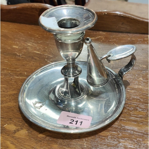 626 - A silver plated Chamber candlestick with snuffer bell mark to base, with incised coat of arms type d... 